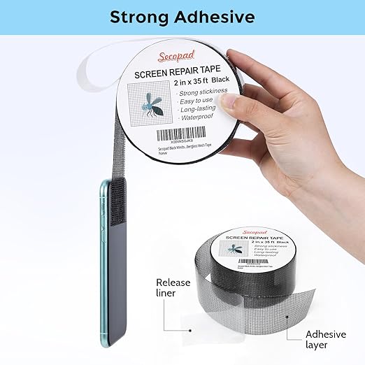 Black Window Screen Repair Tape, 2IN X 35FT (420IN) Screen Repair Kit for Windows or Doors, Strong Adhesive Patch Kit Fiberglass Mesh Tape