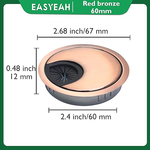 2 Pcs Desk Grommet 2-3/8" / 60 mm, Desk Cord Hole Cover, Cable Grommet Metal Zinc Alloy Materilal, Desk Hole Grommet for Home & Office Pc, Detachable Cable Cord Organizer-Copper Red