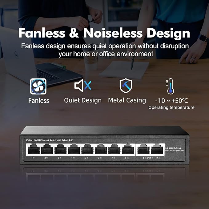 10 Port Mini PoE Switch with 8 PoE+, 2 Uplink, 10/100Mbps Ethernet, 120W 802.3af/at PoE, Fanless Metal Plug & Play PoE+ YuLinca Network Switch