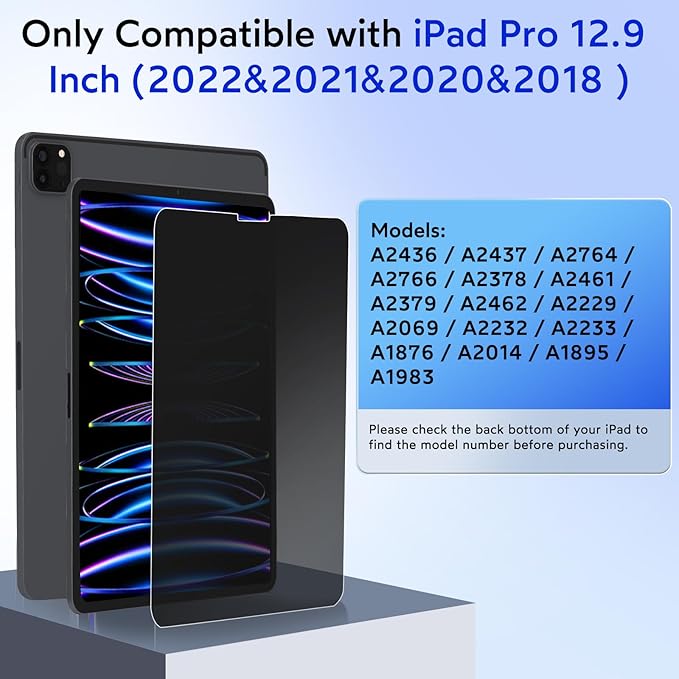 MOBDIK Privacy Screen Protector Compatible with iPad Pro 12.9 Inch (2022 & 2021 & 2020 & 2018), Anti Spy, 9H Tempered Glass, EZ Kit 1 Pack