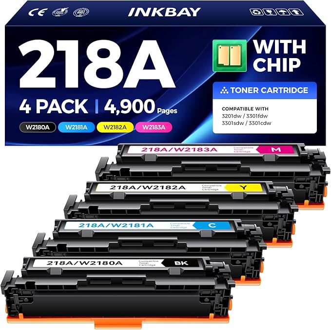 218A Toner Cartridge Set 4-Pack with Chip Replacement for HP 218A 218X Compatible with Color Laserjet Pro 3201dw MFP 3301cdw 3301fdw 3301sdw Printer Ink Black Cyan Yellow Magenta W2180A W2181A W2182A