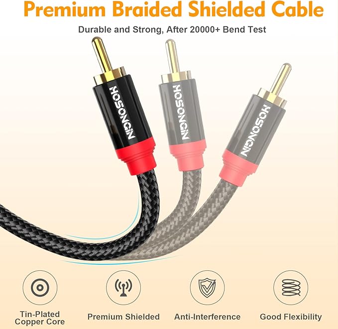 HOSONGIN RCA Cables 3.3ft 2 Pack[Hi-Fi Sound, Nylon Braided, Shielded], 2-Male to 2-Male RCA Audio Stereo Subwoofer Cable Auxiliary Cord for Home Theater, HDTV, Amplifiers, Hi-Fi Systems, Speakers