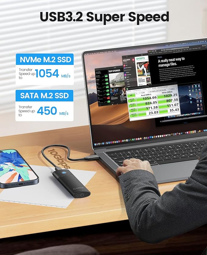 ORICO M.2 NVMe SATA SSD Enclosure Adapter Tool-Free, USB C 3.2 Gen 2 10Gbps NVMe, 5Gbps NGFF SATA PCIe M-Key(B+M Key) 2230/2242/2260/2280, Aluminum External M2 Reader Support UASP Trim- BK(G2A)