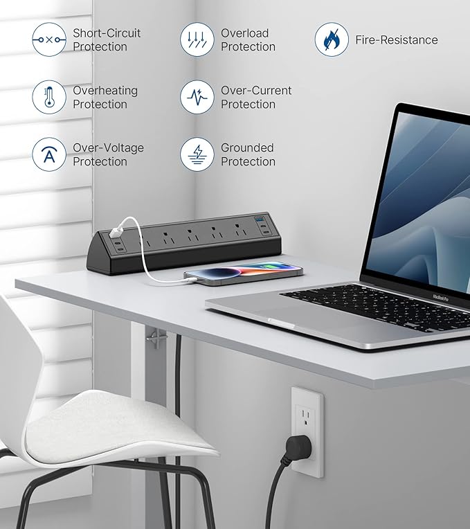 Desk Clamp Power Strip USB C,Under Desk Mount Power Station,20W Fast Charging,Fits 1.9'' Tabletop Edge,Desk Surge Protector,Perfect Home,Office Supplies (Black, 5 Outlets & 6 USB Ports & 20 FT Cable)