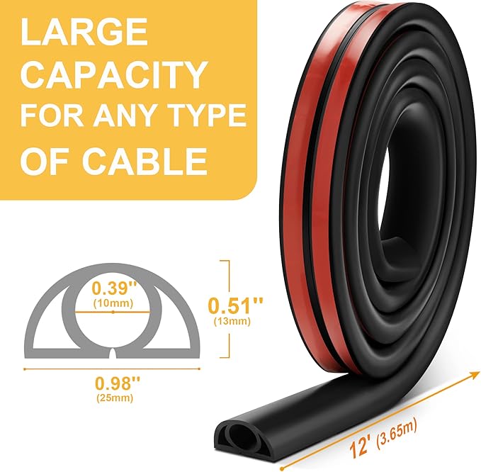 12ft Cord Cover Floor for Extension Cords, Self-Adhesive Floor Cable Cover to Protect Cables & Prevent Tripping, PVC Cord Hider Protector, Internal Wire Management Channel Diameter: 0.39", Grey