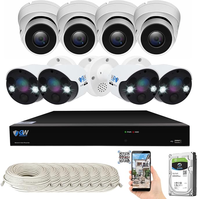 GW 8 Channel 4K NVR 8MP 4K AI Smart Home Security Camera System, (4) Dome and (4) Bullet Built-in Microphone Audio Recording HD 2160P IP PoE Cameras, Face Recognition/Human/Vehicle Detection