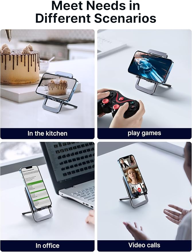 JSAUX Cell Phone Stand, Foldable Aluminum Adjustable Phone Holder for Desk Portable Travel Essentials Office Accessories Compatible with iPhone 16 15 14 13 Pro Max Samsung S24 S23 Ultra Kindle-Gray