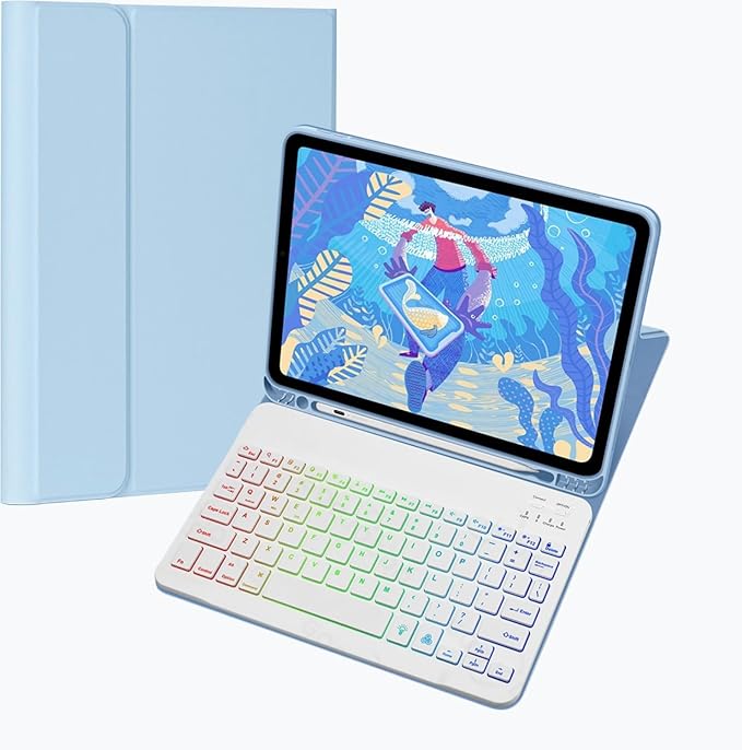 Keyboard Case for Galaxy Tab A8 10.5 Inch 2022, Slim Lightweight 7 Color Rainbow Backlight Detachable Magnetic Keyboard Cover with S Pen Holder,Sky Blue