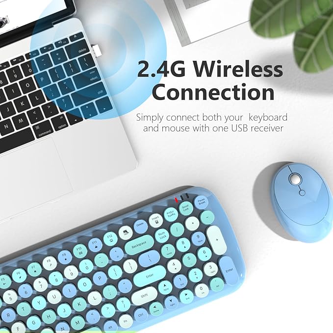 KNOWSQT Wireless Keyboard and Mouse Combo, Light Blue 100 Keys 2.4 GHz Round Keycap Typewriter Keyboards, USB Receiver Plug and Play, for Windows, PC, Laptop, Computer, Desktop