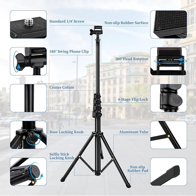 Phone Tripod, 70" Selfie Stick Tripod Stand Cell Phone Tripods with Remote Phone Holder Carry Bag, Aluminum Alloy Selfie Stick Tripods, Compatible with iPhone Samsung GoPro Smartphone