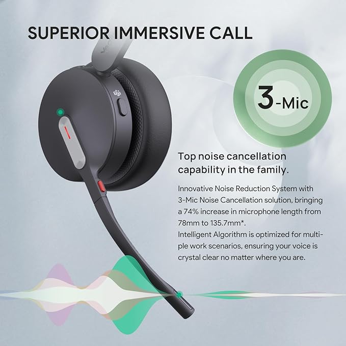 Yealink BH70 Wireless Bluetooth Headset with Microphone for Work, up to 35h Talking Battery Life, 3-Mic, 147g Lightweight Microsoft Teams Certified Headphone for Open Office, USB-C to A