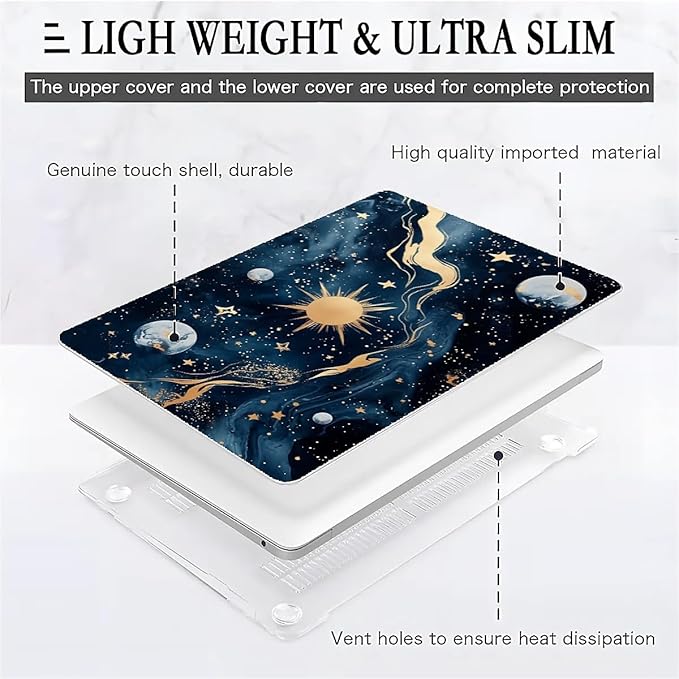 Compatible with MacBook Air 13.3 13.6 Inch Case 2022 2021 2020 2019 Plastic Hard Shell Case Cover,13.3 Air (A1932/A2179/A2337), Moon and Sun