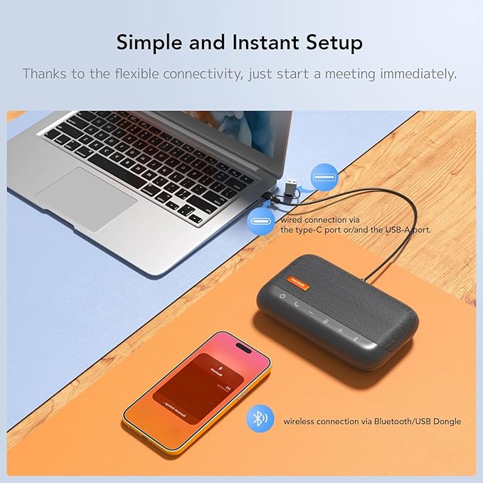 NUROUM A15 Conference Speaker and Microphone, Portable Bluetooth Wireless Speakerphone, 360° Noise Cancelling Voice Pickup, Daisy Chian for Calls/Computer/PC/Laptop via Bluetooth/Dongle/USB-A/C Grey