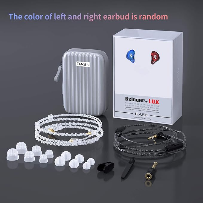 BASN Professional in Ear Monitor Headphones for Singers Drummers Musicians with MMCX Connector IEM Earphones (Lux Clear Red Blue)