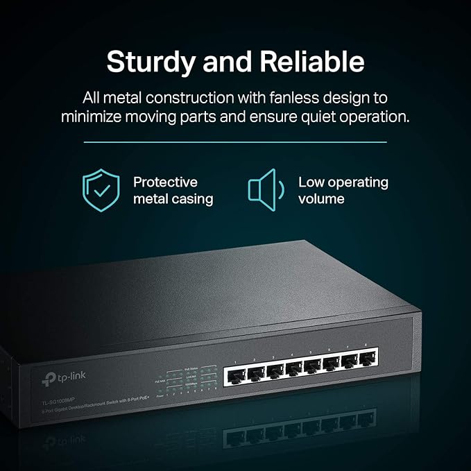 TP-Link 8 Port Gigabit PoE Switch | 8 PoE+ Ports @126W | Plug & Play | Limited Lifetime Protection | Desktop/ Rackmount | Prioritized Power Supply | Sturdy Metal | Shielded Ports (TL-SG1008MP)