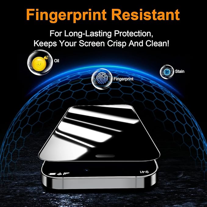 OneFish 2 Pack Privacy Screen Protector for iPhone 15 Pro Max - 4-Way 360° Anti-Spy Tempered Glass, 9H Hardness, 3D Curved Edges, Case-Friendly & Easy Installation