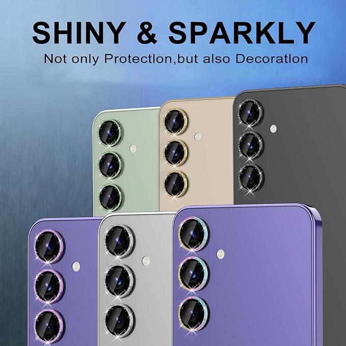 for Samsung Galaxy S24 Camera Lens Protector, Individual Metal Ring Tempered Glass Lens Cover, [Strong Adsorption] Scratch Resistant Ultra-Thin HD Clear Lens Cover, 1 Set-Colorful Sparkly