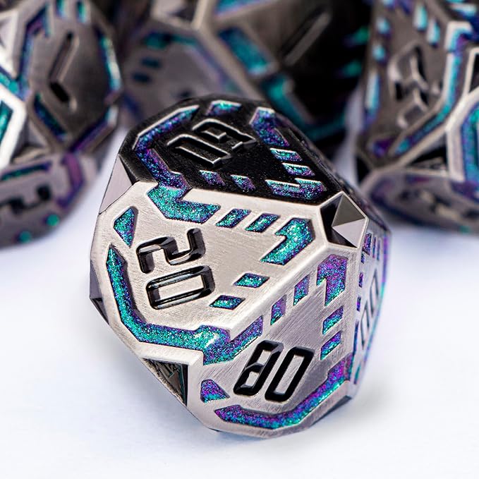 Metal DND Sci-fi Dice Set 7PCS Stripe Polyhedral Dice for Dungeons Dragons RPG Role Playing Game, Glitter D and D Dice with Gift Box D6 D8 D10 D12 D20 (Grey&Purple Green)