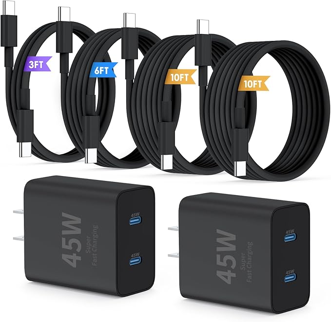 Super Fast Samsung Charger Type C,45W Dual Port USB C Fast Charger Block [2-Pack] & Extra Long 60W 3/6/10/10FT USB C Cable - PD Quick Charging 3.0 For Samsung Galaxy S25 Ultra/S24+/S23 iPhone 16