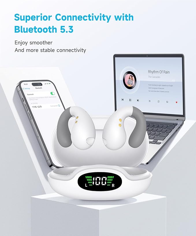 Ultra Open Ear Earbuds - Ergonomic Clip-On Earbuds, Small Bone Conduction Over-The-Ear Headphones with Waterproof Design, Perfect Running Headphones for Sports and Fitness, Velvet White