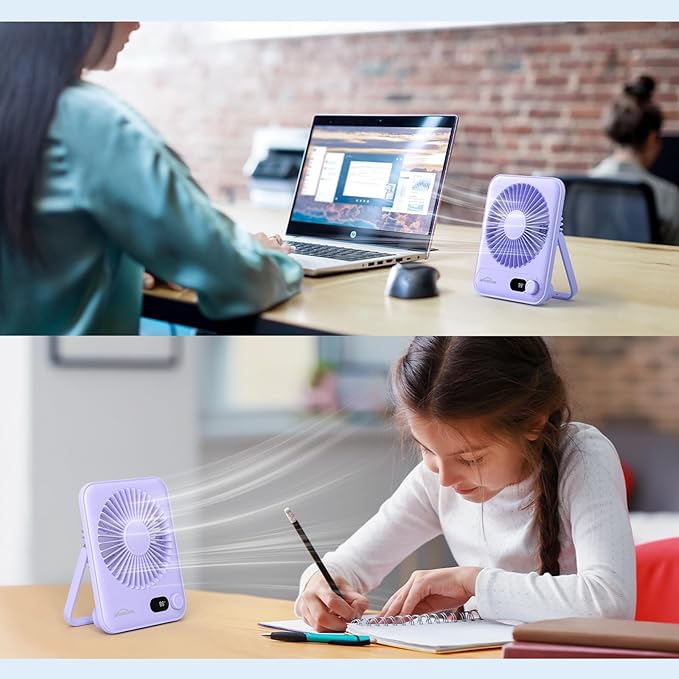 WHATOOK Small Desk Fan Personal Fans: 5000mah 25 Hours Battery Office Quiet Mini Desktop Fan Portable Rechargeable Travel Essentials (Purple, 5000)