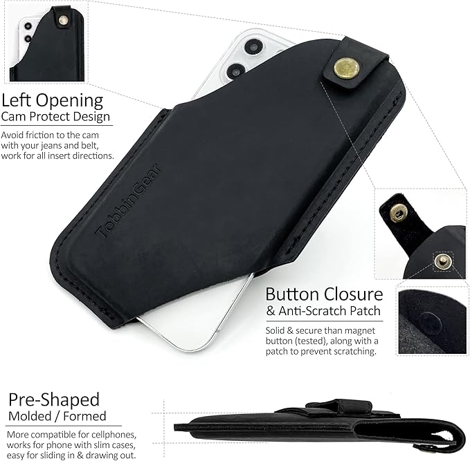 TobbinGear Leather Cell Phone Holster with Belt Clip, Universal Phone Holster for Men Belt Holder, Leather Case for iPhone, Samsung Galaxy Phones, Black, Large