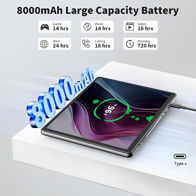 Android Tablet with Keyboard, Android 14 Tablet, 12(6+6) GB+128GB, 1TB Expand, 2 in 1, Mouse, Stylus, 8000mAh Battery, 2.4G/5G WiFi, GPS, Silver Case