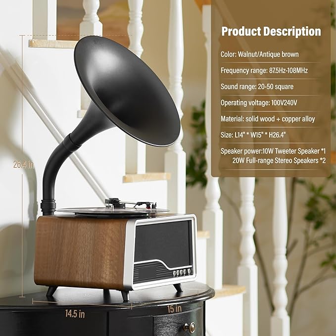 Vintage Gramophone Record Player，Italian Style Gramaphone Vintage Phonograph Nostalgic Record Player with Vinyl Record Player/Bluetooth 5.3/Remote Contro/USB/FM/AUX for Home Decoration