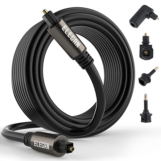 Elecan Optical Audio Cable 50 Ft Digital Audio Toslink Cable Cord-Fiber Optic-Gold Plated-Flexiable&Durable-for Home Theater,Sound Bar,PS4&Xbox-with 4 Right Angled and Mini Toslink Adapters+Ties