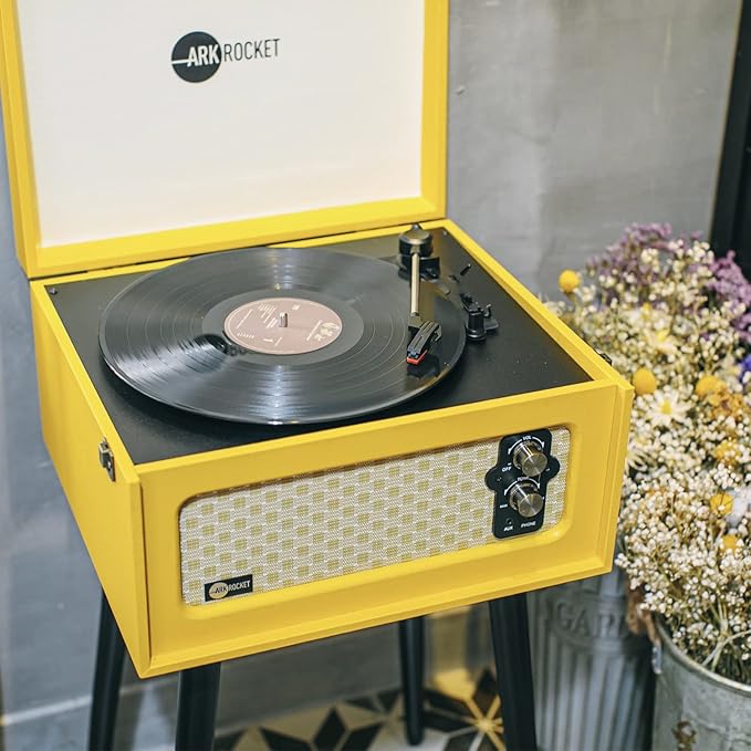 Arkrocket 3-Speed Bluetooth Record Player Retro Turntable with Built-in Speakers and Removable Legs (Yellow)