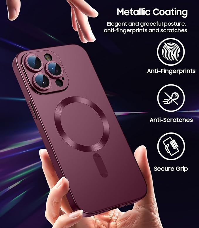 Magnetic for iPhone 15 Pro Case [Compatible with MagSafe][Built-in Camera Lens Protector] Slim Soft Silicone Bumper Shockproof Metallic Shine Phone Case (Burgundy)