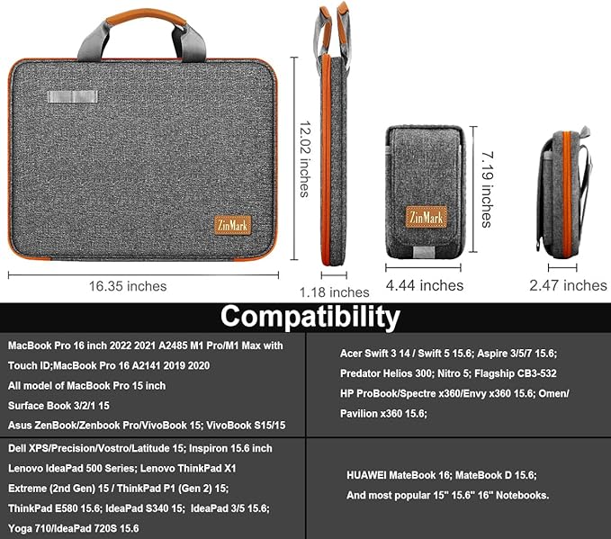 Laptop Case 15.6 Inch Briefcase Military-Grade Protection with Detachable Belt Bag, Compatible All Model of 15-16 Inch MacBook Pro and Most Popular 15.6 Inch Notebooks Chromebooks (Gray Orange)