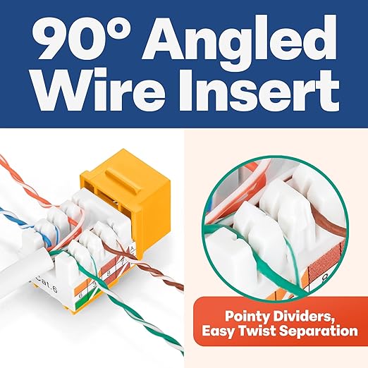 Everest 90° Angled RJ45 Cat6 Keystone Jacks 20-Pack in Yellow - Slim Profile Female RJ45 Connectors - Cat 6 Keystone Jack - Compatible with 90° Angled Speed Termination Tool - easyJACK (B094WB91H3)