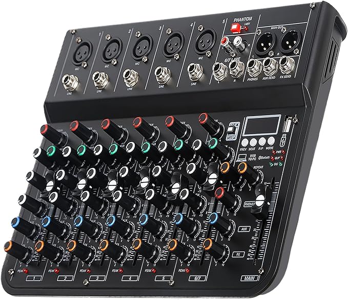 7 Channel mixer, DJ Mixer Board with Bluetooth and Usb, Audio Sound Card with Interface Recording and 48V Phantom Power, Sounds Mixer Board with FX Reverb Delay Effect for Streaming