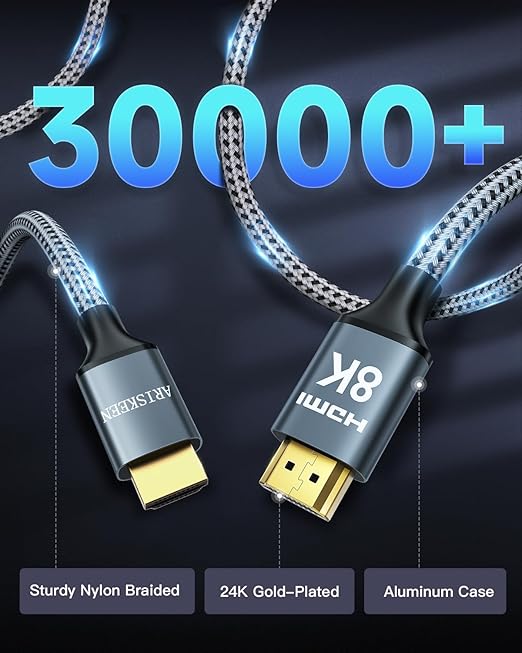ARISKEEN 8K HDMI Cable 1 FT, 48Gbps High Speed HDMI 2.1 Cable, 8K 60Hz, 4K 120Hz 144Hz Braided HDMI Cord - 1 Feet