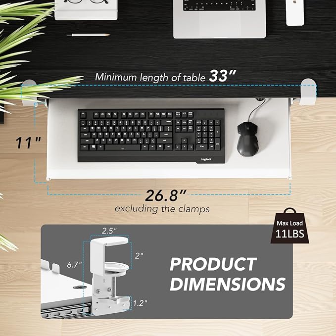 AX WABER Keyboard Tray Under Desk Pull Out with Extra Sturdy C Clamp Mount System, 27.3 (32.5 inch Including Clamps) x 11 Inch Slide-Out Platform Computer Drawer for Typing White AX01WW01