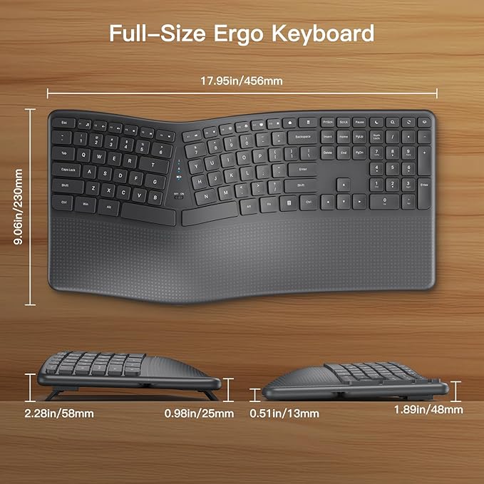 Ergonomic Wireless Keyboard with Wrist Rest, 2.4G Full Size Split Ergo Keyboard with Wave Keys, Comfortable Natural Typing for Windows Computer Desktop Laptop