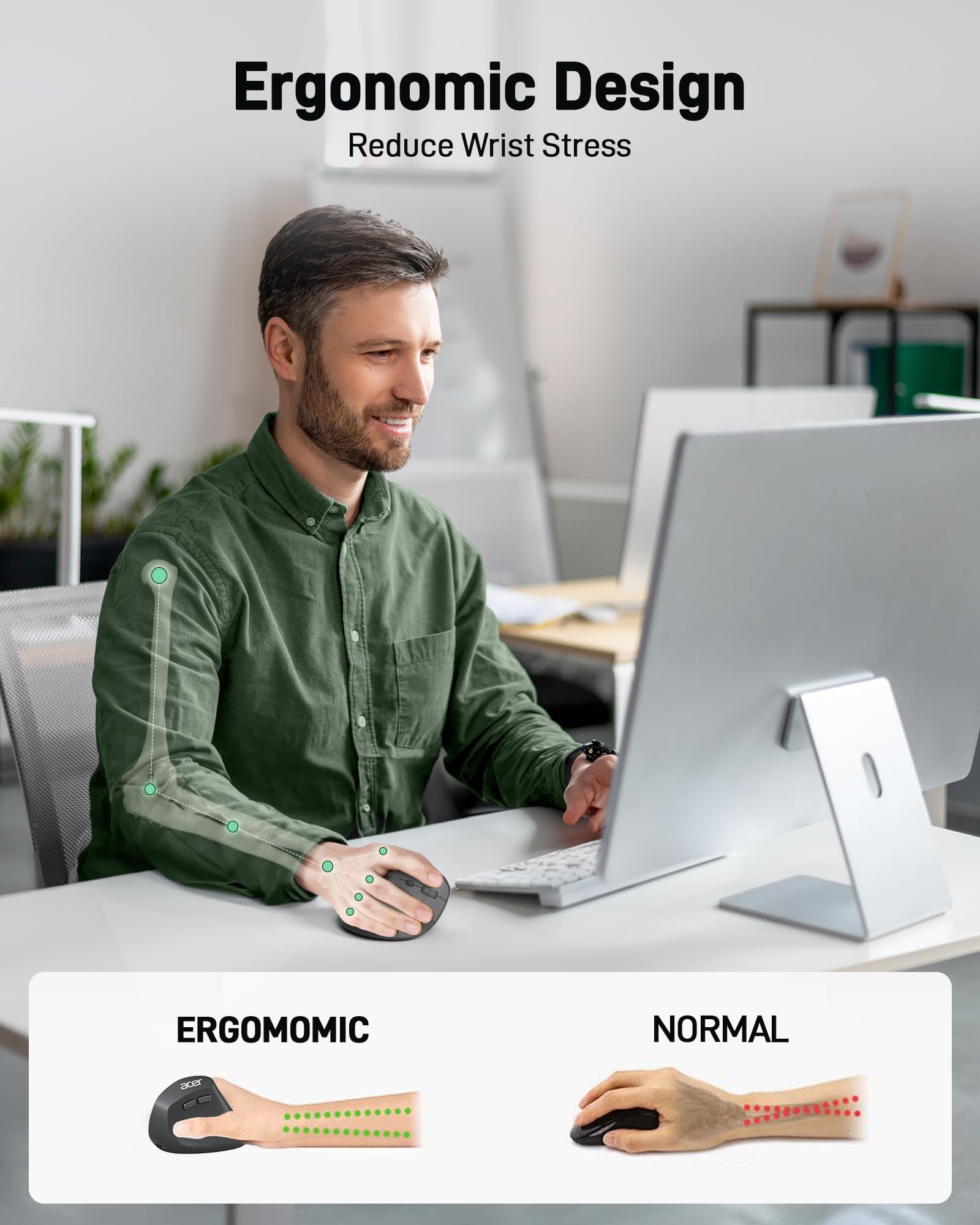 Acer Ergonomic Mouse Wireless, Adjustable DPI Vertical Mouse 1000/1200/1600 with 6 Buttons, Rechargeable Ergo Mice, Medium to Large Sized Hands, 2.4GHz USB Receiver for Computer, Laptop, PC