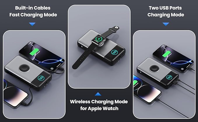 Portable Charger 40800mAh Power Bank with Built-in Cables,Wall Plug and iWatch Charger,6-in-1 QC4.0+25W PD USB C Fast Phone Charging,LCD Display Battery Pack for iPhone 16/15,Apple Watch,Galaxy-White