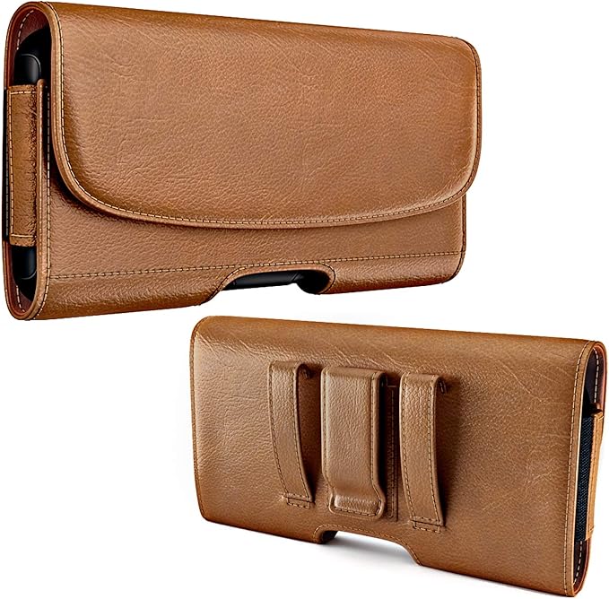PiTau Holster for iPhone SE 8 7 6 6s, Cell Phone Belt Holder with Clip for Men, Fits Smartphone with Case On, Cellphone Cover with ID Card Pouch, Brown- Small