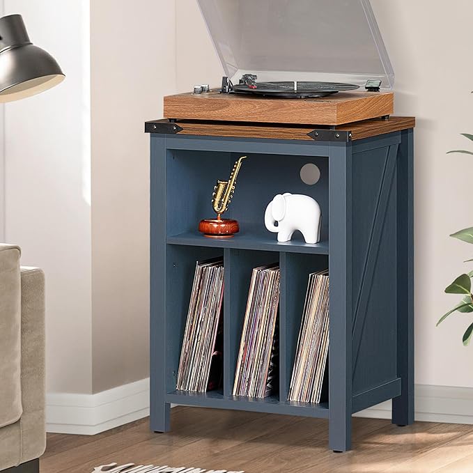 Record Player Stand with Vinyl Record Storage,Navy Blue Record Player Table Holds up to 160 Albums,Large Wood Turntable Stand Cabinet Dispaly Shelf for Living Room,Bedroom,Office