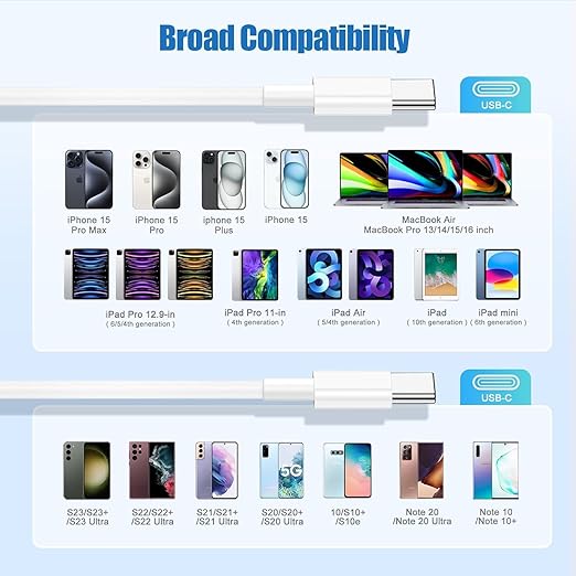 3-Pack 6.6FT 60W USB C to USB C Cable, Type C to Type C Cable,Fast Charging Cable for iPhone 16 15 Pro Plus Pro Max，for Galaxy S24 S23, for iPad Pro/Air, for MacBook Pro/Air and More