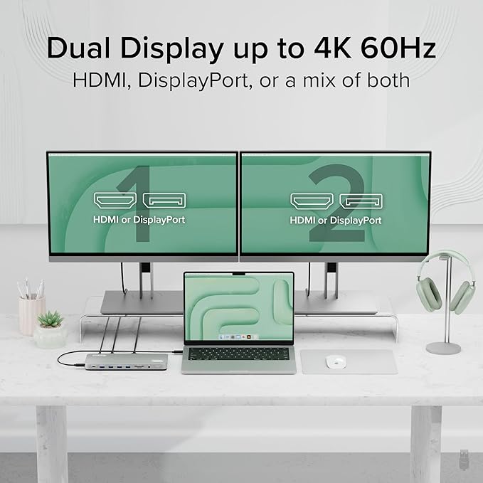 Plugable USB C Laptop Docking Station, Dual Monitor 4K 60Hz for Apple Mac M1/M2/M3/M4, 2X HDMI or 2X DisplayPort, 100W Charging DisplayLink Dock, 2 Displays for MacBook, Driver Required (UD-6950PDH)