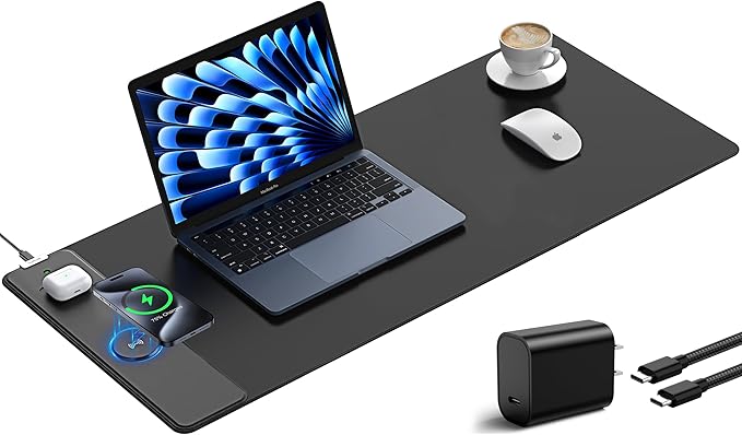 TopMade Mouse Pad with 15W Fast Wireless Charging, 35.43"x15.75" XXXL Large Gaming Mousepad, Waterproof Desk Pad, Classic Black Computer Desk Mat(Includes 20W PD Power Adapter & 6.56ft Woven Cable)