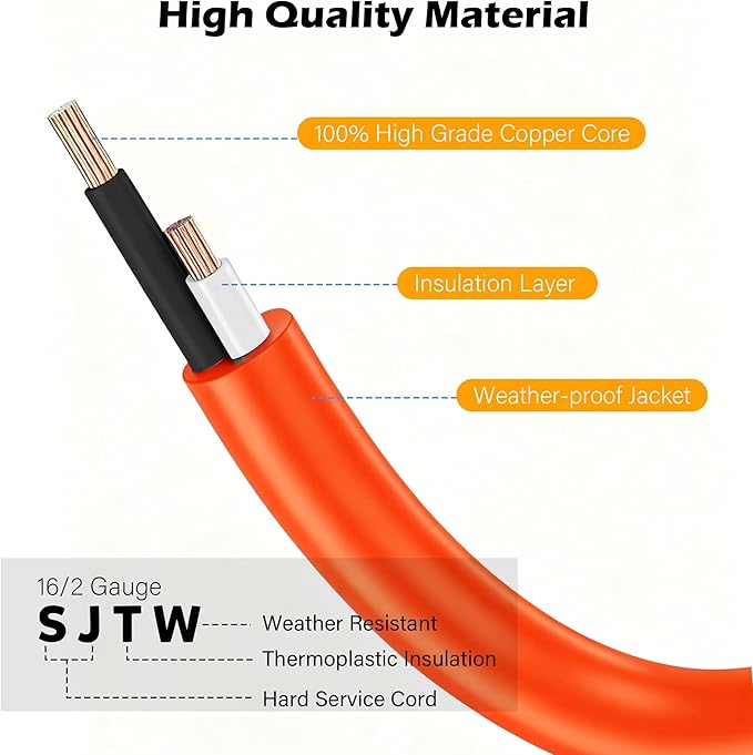90 Degree 2 Prong Polarized Outdoor Power Extension Cord 125 FT, Angled Low-Profile Plug, 16 Gauge 125V SJTW Waterproof Long Cable for Home Office Lawnmower Garden Tools Lights, ETL+Ties-Bright Orange
