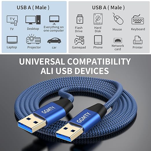 USB to USB Cable 3FT(2 Package),Durable Braidedfor USB 3.0 Male to Male Type A to Type A Cable Data Transfer Compatible with Hard Drive, Laptop, DVD Player, TV, USB 3.0 Hub, Monitor, Camera