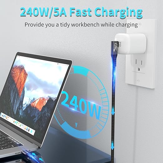 USB4 Cable, with Thunderbolt 4, 240W Charging, 40 Gbps Data Cable, 8K @ 60Hz HDR, USB C to USB C Cable, 90Degree for Hub, Dock MacBook, M2, M3, Mac SSD (90Degree USB4 40G 240W 0.5M)