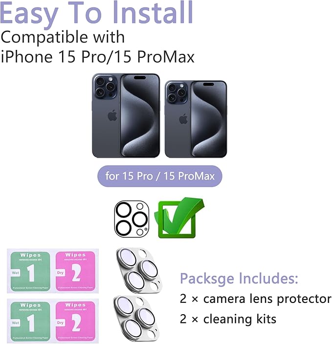 2 Pack Camera Lens Protector for iPhone 15 Pro/iPhone 15 Pro Max,[Not Easy to Breakn ] AR Tempered Glass Strong Adsorption Metal Camera Cover Screen-Silvery
