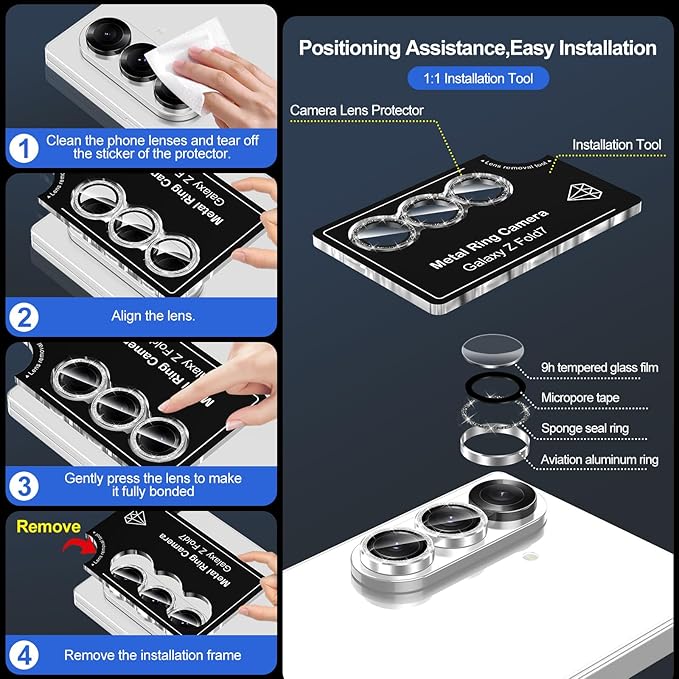 for Samsung Galaxy Z Fold 7 Camera Lens Protector, Individual Metal Ring Tempered Glass Lens Cover, [Strong Adsorption] Scratch Resistant Ultra-Thin HD Clear Lens Cover, 1 Set-Black Sparkly