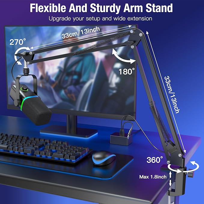 ZealSound XLR/USB Dynamic Microphone for Gaming Podcast,Mic for iPhone Phone PC Computer Gaming Streaming Microphone with RGB Light,Mute Button,Mic Gain,Headphones Jack,Boom Arm Stand,Singing YouTube
